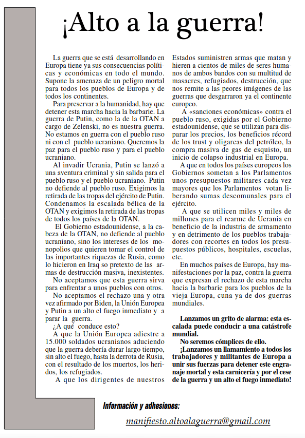 MANIFIESTO ¡¡ALTO A LA&nbsp;GUERRA!!